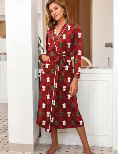 Image of Ekouaer Women Kimono Robes Full Length Knit Bathrobe Lightweight Soft Sleepwear V-neck Casual Ladies Loungewear S-XXL