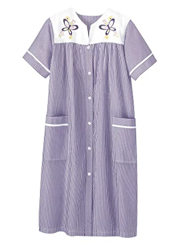 Image of AmeriMark Women Calf-Length Snap Front Knit Duster House Coat Robe - Loose-Fitting Plush Bathrobe - Short Sleeve Bath Robe