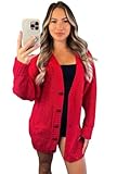 Crazy Fashion Women’s Long Sleeve Grandad Open Front Button Top Chunky Aran Cable Knitted Cardigan Ladies Sweater Winter Jumper Red 12-14