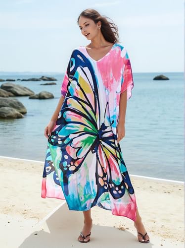Image of IMAGEKOPE Kaftan Dresses for Women Plus Size Bathing Suit Cover up Vneck Batwing Dress Loose fit Moroccan Caftan mumu Dresses