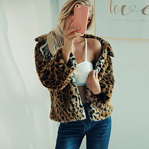 Clearance Ladies Leopard Print Jacket,Womens Faux Fur Winter Coat Warm Parka Short Outerwear Tops(Brown,M) #TOP4