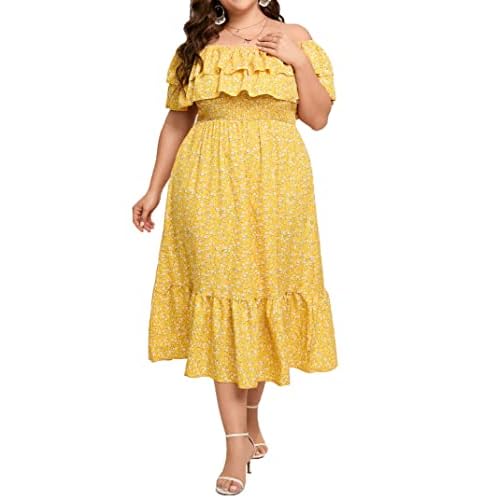 KOJOOIN Women Plus Size Off Shoulder Maxi Dress Ruffle Flowy Casual Summer Boho Long Dresses, XX-Large, Yellow Flower