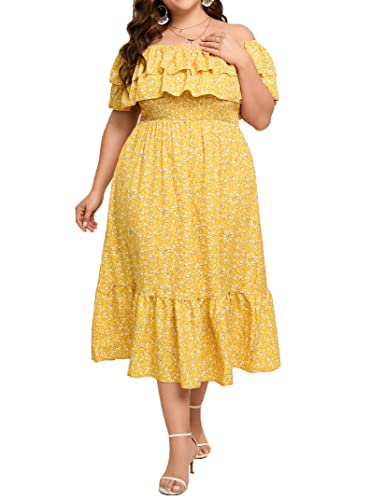 KOJOOIN Women Plus Size Off Shoulder Maxi Dress Ruffle Flowy Casual Summer Boho Long Dresses Yellow Flower XL