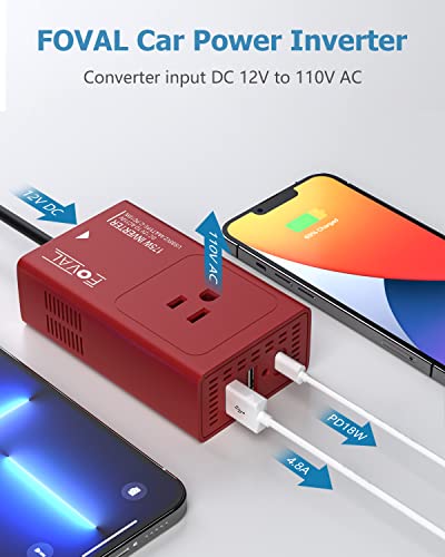 Foval 175W Car Power Inverter 12V Dc To 110V Ac Converter Vehicle Adapter Plug Outlet With [18W Pd Usb-C] Multi Usb Ports Car Charger For Laptop Computer #TOP1