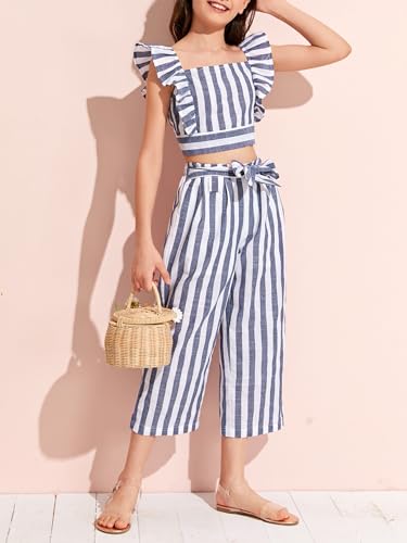 Image of Floerns Girls 2 Piece Outfit Boho Striped Ruffle Sleeve Crop Top and Bow Front Pants Set Navy Blue 7Y