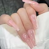 Foccna Press on Nails Long Pink Fake Nails Coffin Bling Glossy False Nail Tips Artificial Nails Finger Manicure for Women and Girls-24pcs
