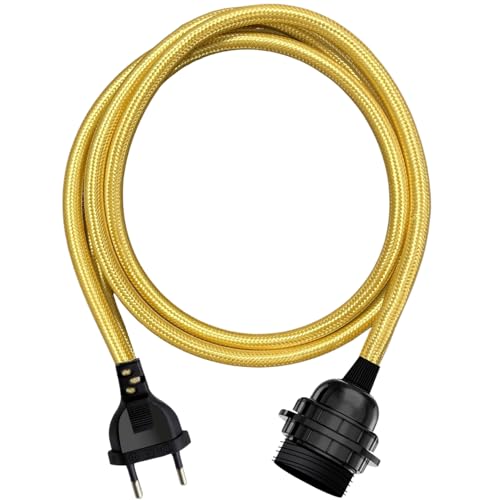 Portalámpara E27 con Interruptor, Adaptador de lámpara E27, Base para Bombilla, Enchufe + Interruptor ON/Off, Cable 2 Metros, Casquillo e27, Diseño Vintage, máx. 60W, Trenzado (Anarillo)