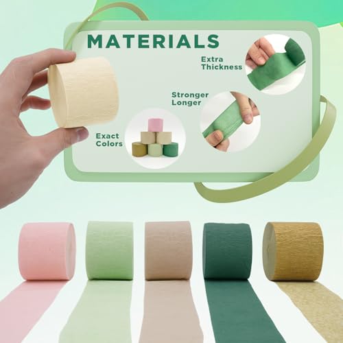 Image of Crepe Paper Streamers Party Decorations - 6 Rolls Grass Green Gold Pink Olive Green Beige Khaki Streamers, Crepe Paper Rolls for Birthday Wedding Party