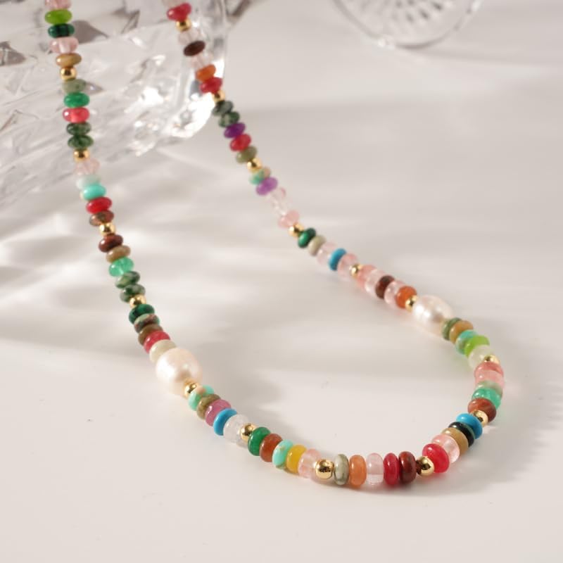 Aleasha Boho Beaded Choker Gemstone Natural Pearl Necklace for Women 14K Gold Plated Beach Summer Colorful Jewelry - Image 8