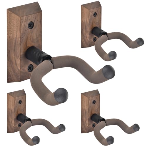 DOMMI Guitar Wall Mount 4 Pack, Guitar Holder with Rotatable Soft Guitar Hook for All Size Guitars, Hardwood U-Shaped Guitar Hanger Wall Mount for Acoustic, Electric Guitar, Bass, Black Walnut