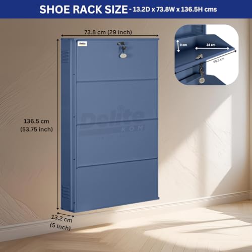 Image of DELITE KOM 29 Inch Wide, 4 Shelf Metal Shoe Rack Wall Mounted for Home with Central Lock Holds Upto 14 Shoes or 24 Slippers Pair | 1 Year Warranty | (54 x 29 x 5, Graphite Grey) DIY Space Saving
