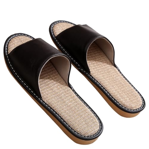 GHYUBYER Linen Slippers for Women Indoor,Men's Breathable Flat Sandals Leather Slippers Indoor Outdoor(Color:Brown,Size:41/42 EU)