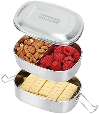 Inoxlife Stainless Steel Bento Box for Kids and Adults 2 Tier Lunch Container with 3 Compartment Food Snack Container, Durable and Easy-Clean,All Stainless