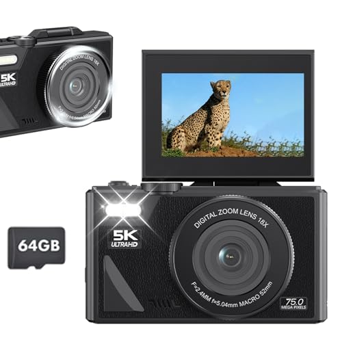 EMEBAY Cámara digital, cámara digital compacta de 5K 75MP con tarjeta de 64 GB, cámaras selfie para fotografía, cámara de video de zoom 18X/Vlog/pantalla abatible de 3 pulgadas/antivibración