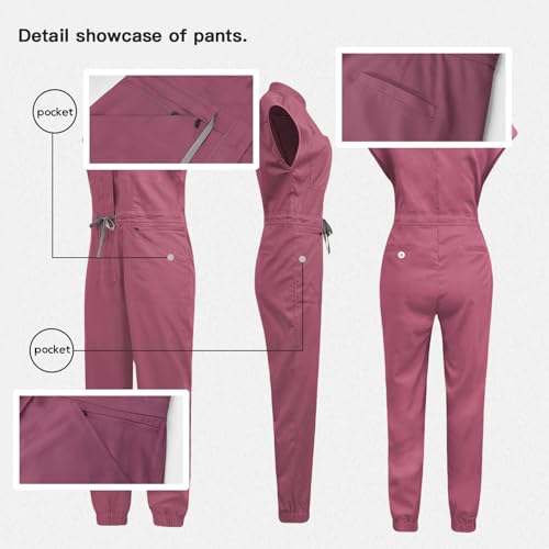 SOEDZUNG Women's Scrubs Jumpsuit - Soft Stretch Medical Scrub Set with Pockets, Comfortable Nurse & Doctor Workwear(Pink,XL)