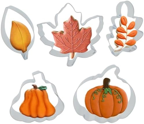 5 Pcs Thanksgiving and Fall Leaves Cookie Cutters, Maple Leaves, Oak Leaves, Aspen Leaves, Tall/Big Pumpkin Molds Holiday Biscuit Cutter