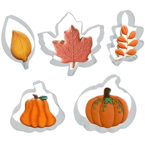 5 Pcs Thanksgiving and Fall Leaves Cookie Cutters, Maple Leaves, Oak Leaves, Aspen Leaves, Tall/Big Pumpkin Molds Holiday Biscuit Cutter