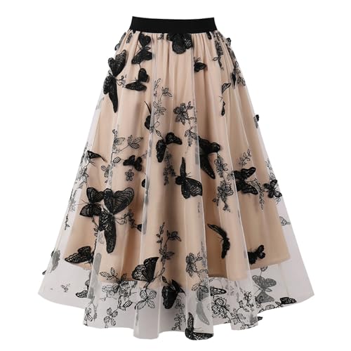 Women's Midi Tulle Skirt High Waist 3D Mesh Flower Embroidered Skirts Double Layered Tulle Skirt