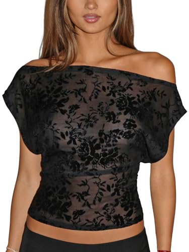 HAWILAND Mesh Oberteil Damen Lace Off Off Shoulder Tank Top Schulterfreie Fledermausärmel Netzshirt für Festival Party Schwarz M