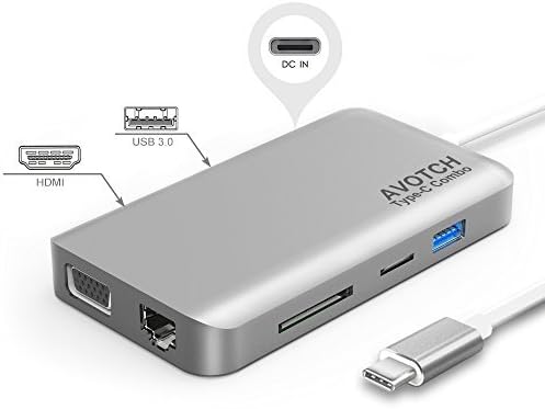 USB-C Digital AV Multi-Port Adapter, AVOTCH USB C Hub,3.1 Type C Hub, HDMI VGA Dual Screen Display Output, Card Reader, 2 USB 3.0 Ports and Gigabit Ethernet Adapter- Grey