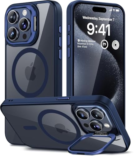 Image of VONZEE Clear Camera Kickstand Case for iPhone 15 Pro, Built-in Adjustable Camera Stand, Clear Magnetic Mag-Safe Shockproof Classic Series Phone Cover (Blue)