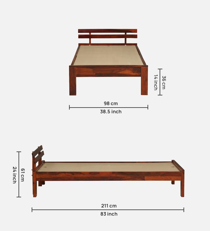 Image of Solid Sheesham Wood Admire Single Bed Without Storage | Wooden Single Bed Cot Palang Furniture for Bedroom Living Room Home and Hotel (Honey Oak Finish)
