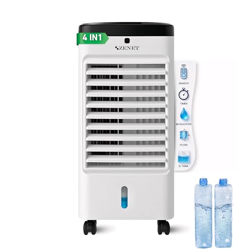 ZENET ZET-483 Climatizador Evaporativo 4 en 1 – Enfriador de Aire con Agua tipo Aire Acondicionado Portátil sin Tubo, Ventilador Frío, Humidificador, Depósito 3,5 L, 65 W, Mando y Timer