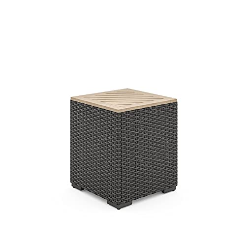 Homestyles Boca Raton Outdoor Side Acacia Wood Top, Weatherproof Woven Wicker Rattan End Table, 1 Seat, Grey