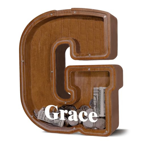 JOOMLAFLY Personalized Wooden Letter Piggy Bank for Kids Larger Letter Piggy Bank for Boys and Girls Initial Coin Bank Customized Piggy Bank Perfect Wood Kids Money Bank for Birthday and Festival