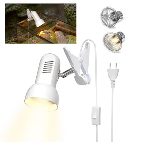 HeatingLux Lámpara Calor para Reptiles, E27 Lámpara de Calor de Terrario con Clip,Dos Lámparas Calor Arrastre de Tortuga UVB/UBA de 50W,Apto para Reptile y Anfibios Tortuga Lagartos Arañas Serpientes