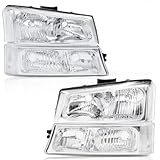 PIT66 Headlight Assembly Compatible with 2003-2006 Chevy Silverado 1500 2500 3500 HD Models/Fit 03-06 Avalanche (Fit No Cladding only) Headlamp Replacement Clear Lens Chrome Housing Amber Corner