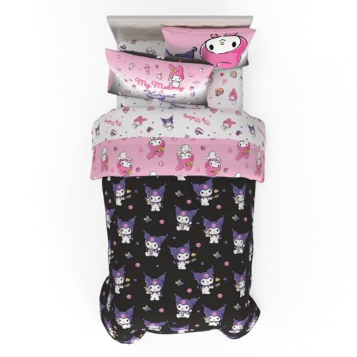 Sanrio Kuromi & My Melody Bedding 5 Piece Super Soft Cozy Reversible Comforter and Sheet Set with Sham Twin (Officially Licensed Product) By Franco
