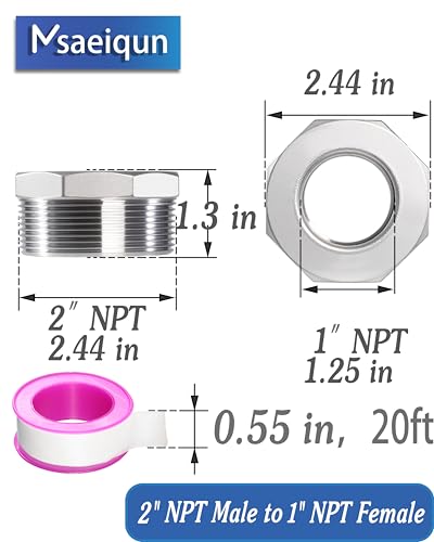 MSAEIQUN Stainless Steel Reducer Hex Bushing Threaded Pipe Fitting 2\" NPT Male x 1\" NPT Female Bushing 2 to 1 Adapter Pipe Fitting (Pack of 2) - Thumbnail 2
