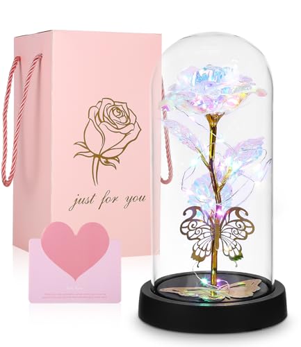 Sinlaw - Rosa eterna para mujer, diseño de flor eterna bajo campana LED y tarjetas, color rosa artificial Galaxy rosa para mujer, regalo para San Valentín, día de la madre, ideal para Navidad, color