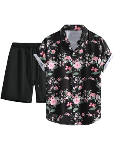 Image of Yimoon Men's Summer 2 Piece Outfits Tropical Print Short Sleeve Button Down Hawaiian Beach Shirt and Shorts Set