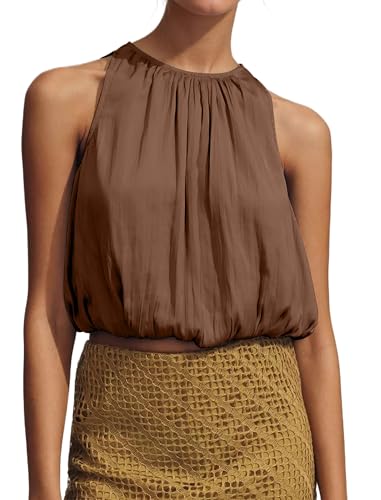 Ythomm Women’s Halter Crop Bubble Tops Summer Sleeveless Crewneck Puffy Hem Cropped Tank Tops Fitted Cute Going Out Shirt Top Brown