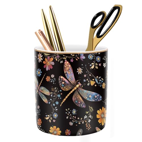 WAVEYU Pen Holder, Pencil Cup for Desk, Cute Makeup Brush Holder, Durable Ceramic Organizer Decor for Room, Office, Classroom, Cute Dragonfly Pattern