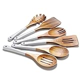 ROSOS Wooden Spoons For Cooking, 6 Pieces Natural Acacia Wooden Cooking Utensils or Non-Stick Wooden Kitchen Utensil Set for Kitchen Essentials, Wood Cooking Utensils Set with Hanging Hole, Grey