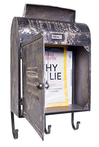 Red Co. 11” X 20” French Vintage Embossed Metal Wall Mount Mailbox With 3 Hooks, Distressed Black #TOP1