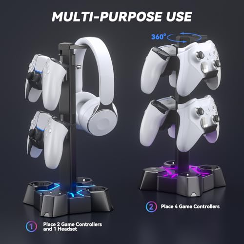 KDD Soporte Auriculares Gaming LED con Cargador USB, Soporte Mando PS5 & Soporte Cascos con 2 Puertos USB & 3 Enchufes UE, Porta Auriculares Mesa y Mando para Escritorio Gamer Accesorios Gaming PC - imagen 4