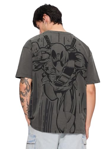 Image of The Souled Store Official Deadpool: Miss Me? Men and Boys Short Sleeves Round Neck Grey Graphic Printed Cotton Oversized T-Shirts