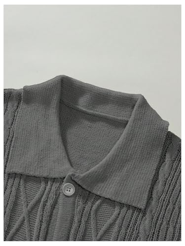 OYOANGLE Men's Button Down Collared Neck Cable Knitted Sweater Short Sleeve Solid Casual Sweaters Top3