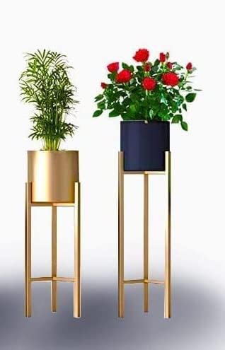 Image of Iron Metal Tall Plant Stand with Pot| Indoor Outdoor Plant Stand| Modern Golden Tall Planter Stand Set of 2 (White /Gold) (BLACK)