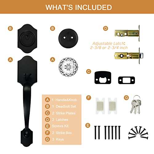 Newliplace Black Front Door Lock Set With Single Cylinder Deadbolt And Crystal Glass Knob, Entry Front Door Handle Reversible For Left & Right Handed Door, Matte Black Finish #TOP4