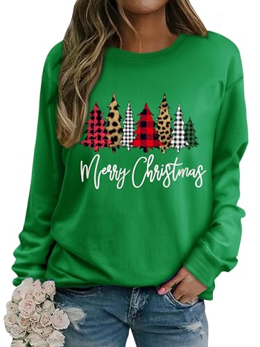 WIEIYM Christmas Sweatshirt Women Chrtistmas Tree Graphic Print Jumper Long Sleeve T Shirt Unisex Pullover Causal Crewneck Tops for Women/Men S-XXL Lime Green