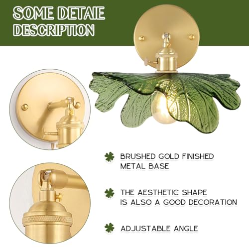 Image of Bathroom Vanity Light Over Mirror Vintage Gold Brass Wall Sconce Light with Green Flower Glass Shade Hradwired Mid Century Modern Vanity Lights Fixtures for Bedside Bedroom Doorway