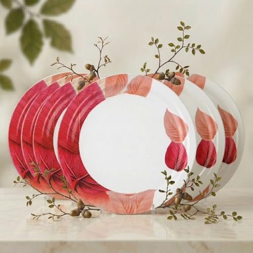Image of Melamine Dinner Plates | Round Full Plate | Microwave Safe | Break Resistant | Plates for Breakfast, Lunch, Dinner | Plates for home, Office, Restaurant | Set of 6 | 11 Inch's (PINK LEAF)