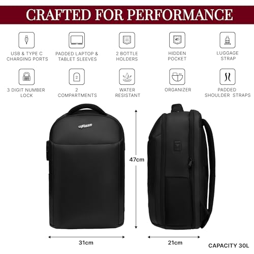 Image of F Gear Kaneki Black 30L Premium Soft Touch Laptop Backpack | Fits 17 inch Laptop | USB & Type-C Charging, Number Lock, Tablet Sleeve, Hidden Pocket & Luggage Strap | Office & Travel