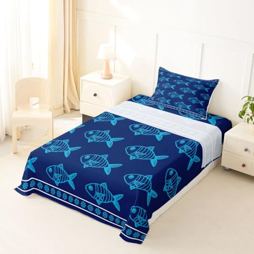 Image of jejeloiu Ocean Fish Bed Sheets Set Twin Size Summer Bed Set Blue Deep Pocket Fitted Sheet Sea Animal Breathable Soft Lightweight Microfiber