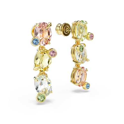 Swarovski Gema drop earrings, Asymmetrical design, Mixed cuts, Multicolored, Gold-tone finish3